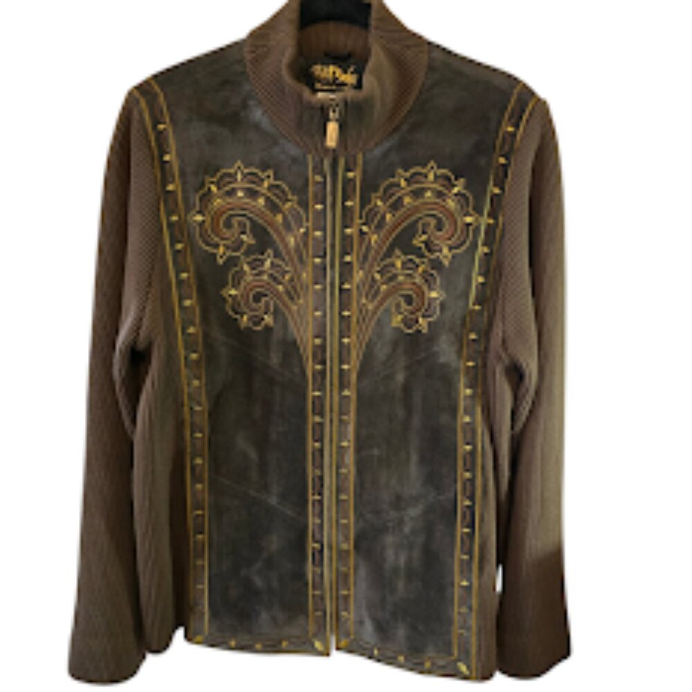 BOB MACKIE WEARABLE ART VINTAGE BROWN SUIDE AND KNIT JACKET SIZE LARGE
